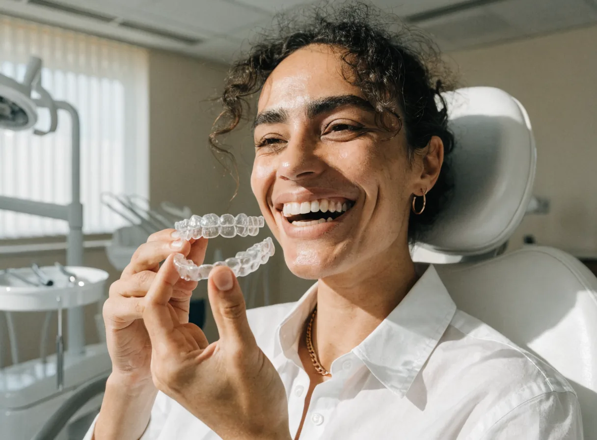 Adult patient holding clear aligners in a modern dental clinic
